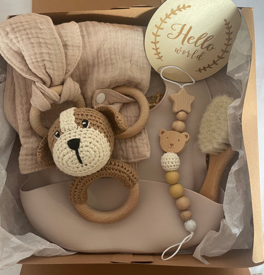 Conjunto Bege - Cão Croché Com Babete Silicone